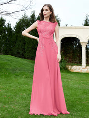 A-Line Chiffon Dress with Flower Appliqued Watermelon Plus Size