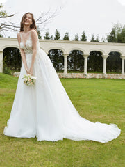 Illusion-Neck Lace Appliqued Wedding Dress Ivory