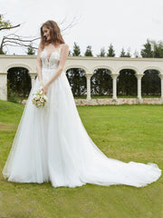 Illusion-Neck Lace Appliqued Wedding Dress Ivory