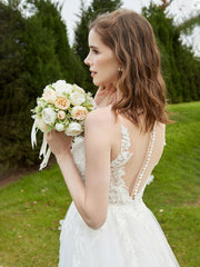 Illusion-Neck Lace Appliqued Wedding Dress Ivory