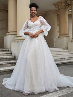 Open Back V-neck Tulle Wedding Dress Ivory