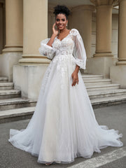 Open Back V-neck Tulle Wedding Dress White