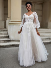 Open Back V-neck Tulle Wedding Dress White
