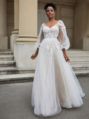 Open Back V-neck Tulle Wedding Dress As Picture