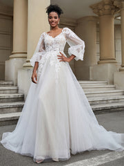 Open Back V-neck Tulle Wedding Dress White