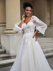 Open Back V-neck Tulle Wedding Dress White