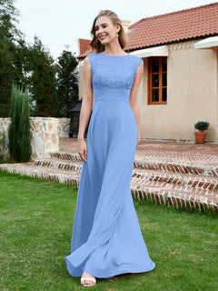 A-Line Chiffon Dress with Illusion Neckline Blue