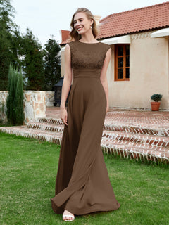 A-Line Chiffon Dress with Illusion Neckline Brown
