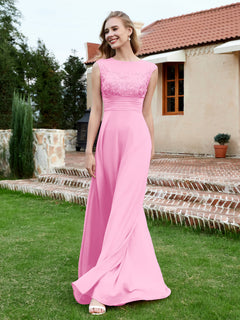 A-Line Chiffon Dress with Illusion Neckline Candy Pink