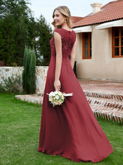 A-Line Chiffon Dress with Illusion Neckline Cinnamon Rose