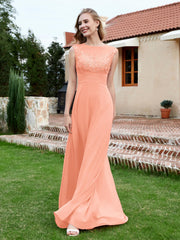 A-Line Chiffon Dress with Illusion Neckline Coral Plus Size
