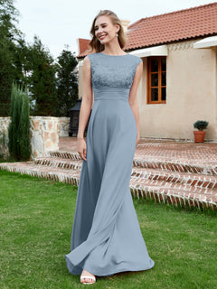 A-Line Chiffon Dress with Illusion Neckline Dusty Blue