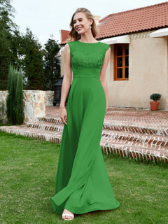 A-Line Chiffon Dress with Illusion Neckline Green