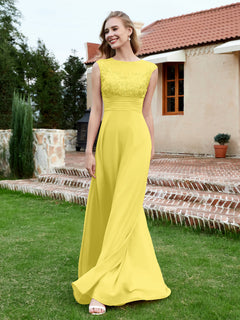 A-Line Chiffon Dress with Illusion Neckline Lemon
