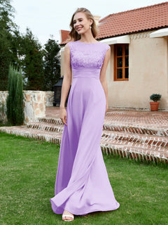 A-Line Chiffon Dress with Illusion Neckline Lilac