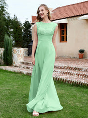 A-Line Chiffon Dress with Illusion Neckline Mint Green Plus Size