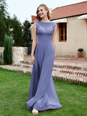 A-Line Chiffon Dress with Illusion Neckline Periwinkle