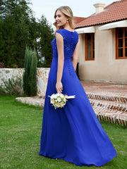 A-Line Chiffon Dress with Illusion Neckline Royal Blue
