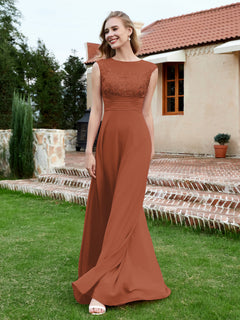 A-Line Chiffon Dress with Illusion Neckline Rust