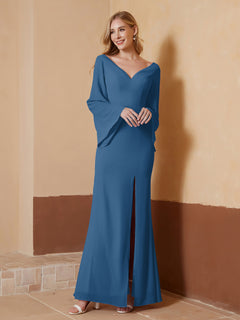 Sheath V-Neck Chiffon Floor-Length Dress Ink Blue
