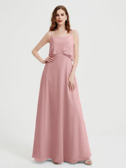 Long Chiffon Bridesmaid Dresses with Spaghetti Strap Dusty Rose