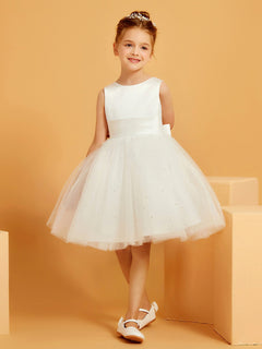 Sleeveless Tulle/Satin Flower Girl Dress with Beaded