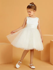 Sleeveless Tulle/Satin Flower Girl Dress with Beaded