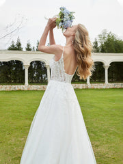A-Line V-Neck Lace Sweep Train Wedding Dress White