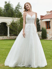 A-Line V-Neck Lace Sweep Train Wedding Dress White