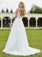 A-Line V-Neck Lace Sweep Train Wedding Dress White