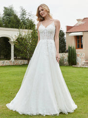A-Line V-Neck Lace Sweep Train Wedding Dress White