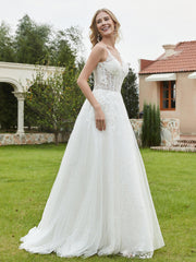 A-Line V-Neck Lace Sweep Train Wedding Dress Ivory