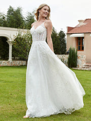 A-Line V-Neck Lace Sweep Train Wedding Dress Ivory