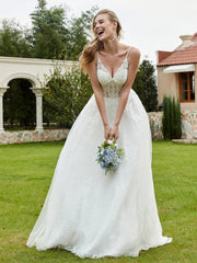 A-Line V-Neck Lace Sweep Train Wedding Dress Ivory