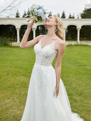 A-Line V-Neck Lace Sweep Train Wedding Dress Ivory