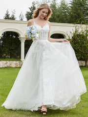 A-Line V-Neck Lace Sweep Train Wedding Dress White