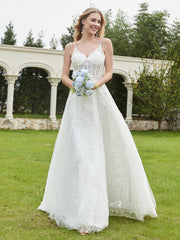 A-Line V-Neck Lace Sweep Train Wedding Dress White