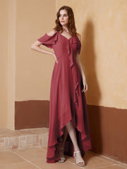 A-Line Ruched Chiffon Asymmetrical Dress Cinnamon Rose
