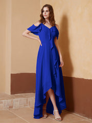A-Line Ruched Chiffon Asymmetrical Dress Royal Blue
