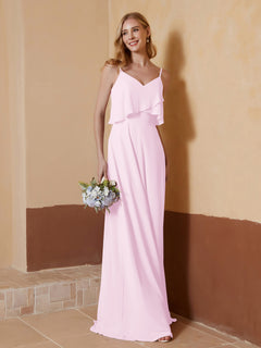 A-Line V-Neck Chiffon Floor-Length Dress Blushing Pink
