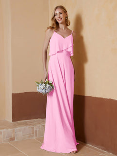A-Line V-Neck Chiffon Floor-Length Dress Candy Pink