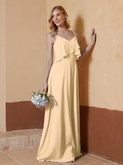A-Line V-Neck Chiffon Floor-Length Dress Champagne