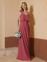 A-Line V-Neck Chiffon Floor-Length Dress Cinnamon Rose
