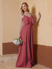A-Line V-Neck Chiffon Floor-Length Dress Cinnamon Rose