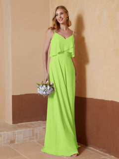 A-Line V-Neck Chiffon Floor-Length Dress Lime Green