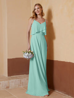 A-Line V-Neck Chiffon Floor-Length Dress Turquoise