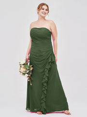 Sheath Strapless Floor Length Chiffon Dresses Olive Green