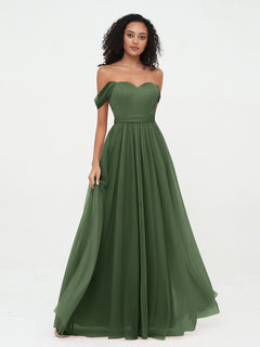 Off Shoulder Sweetheart Neck Max Tulle Dresses Olive Green