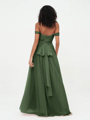Off Shoulder Sweetheart Neck Max Tulle Dresses Olive Green