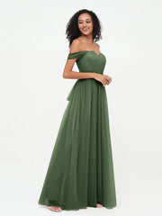 Off Shoulder Sweetheart Neck Max Tulle Dresses Olive Green